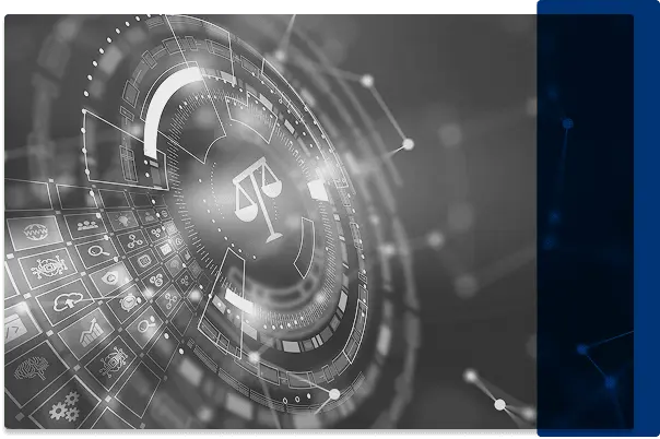 A black and white image of justice scales surrounded by AI icons in a vault design